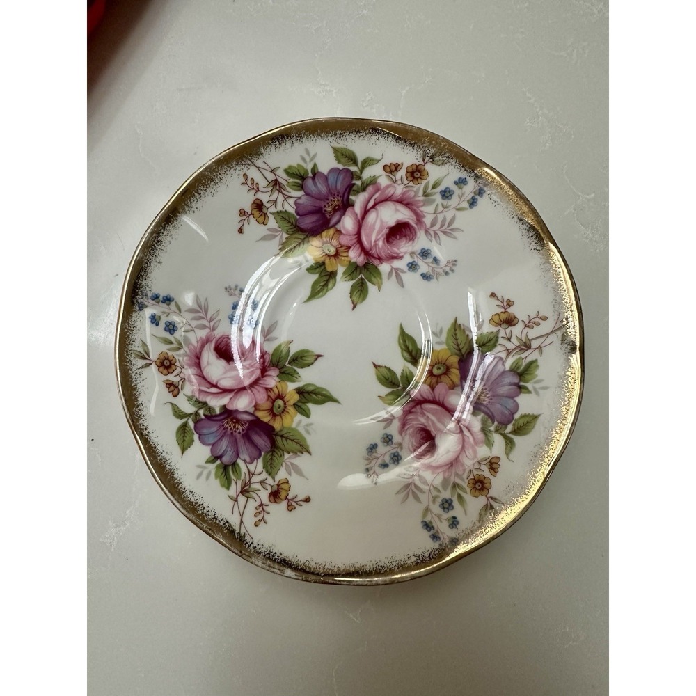 Elizabethan Staffordshire Fine Bone China Saucer w/Pink Roses Purple Flowers